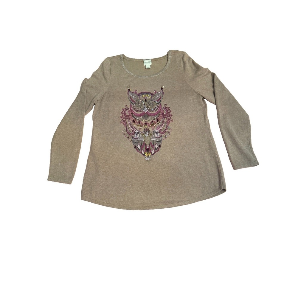 Chico's Cashmere Blend Sweater Size 1 M Beaded Owl Pullover Bird Art To Wear